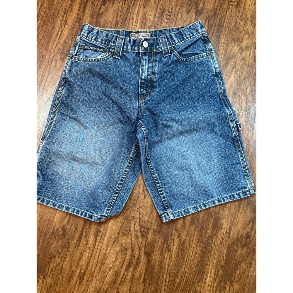 Vintage Y2K US Polo Assn Cargo Shorts Boys 14 28 Waist Blue Denim Skater Baggy